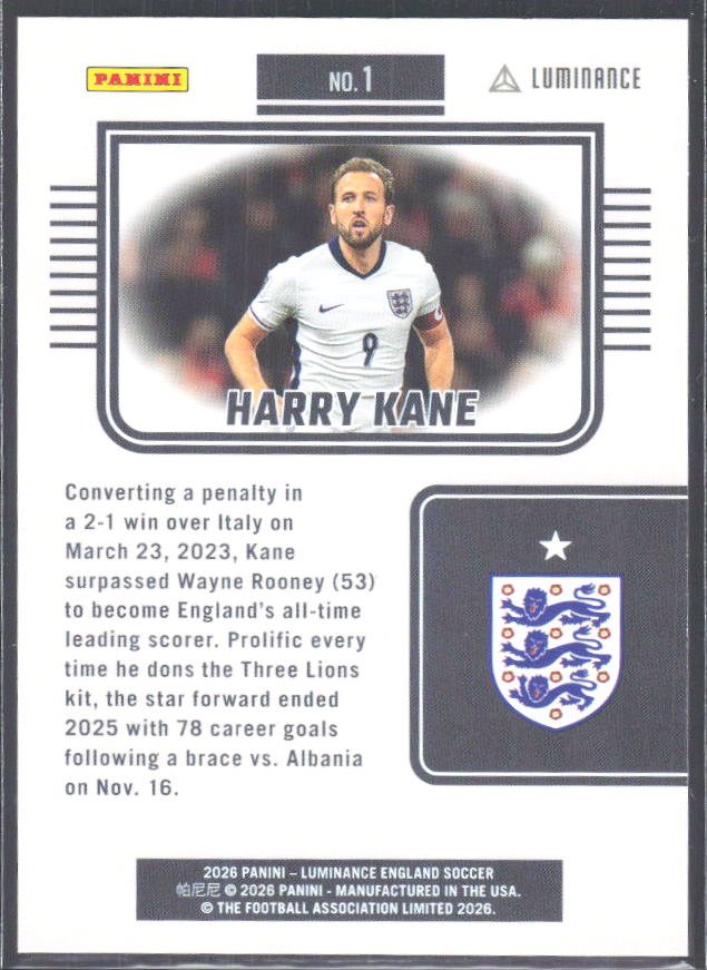 Harry Kane – 2026 Panini Luminance England #1 – baksida