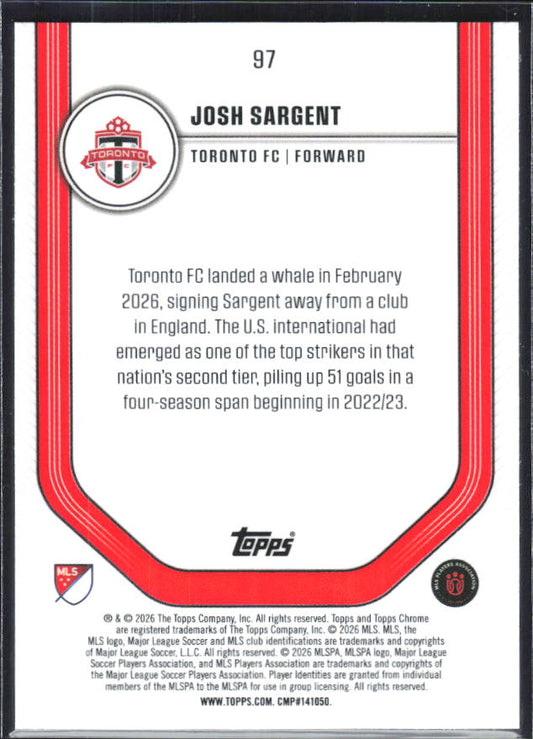 Josh Sargent – 2026 Topps Chrome MLS #97 – baksida