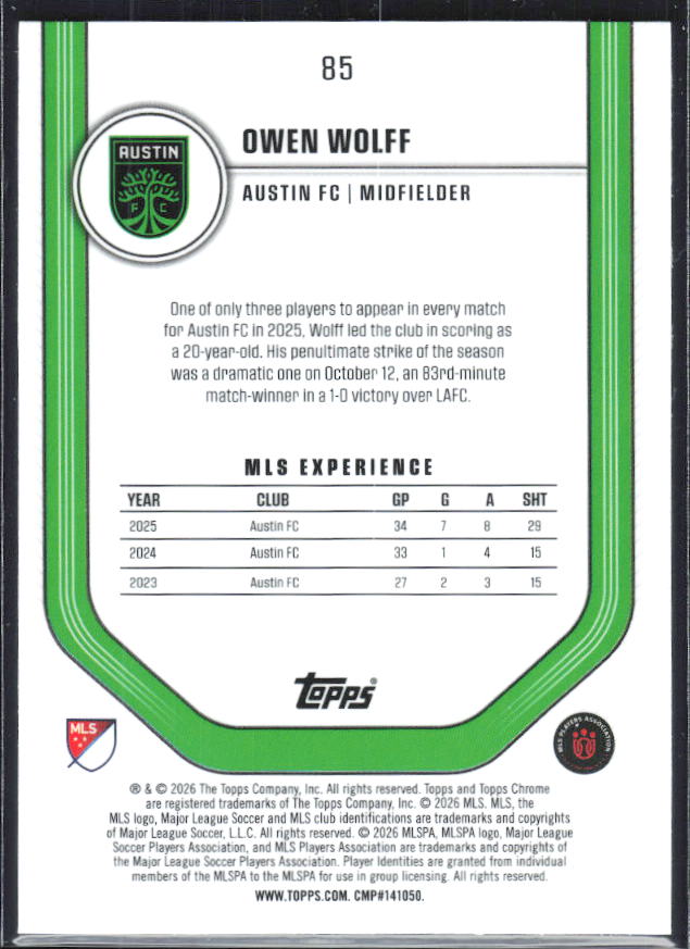 Owen Wolff – 2026 Topps Chrome MLS #85 – baksida