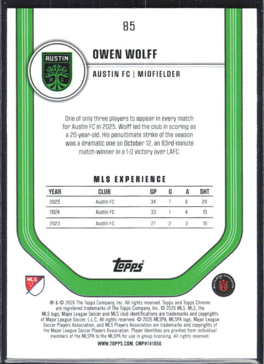 Owen Wolff – 2026 Topps Chrome MLS #85 – baksida
