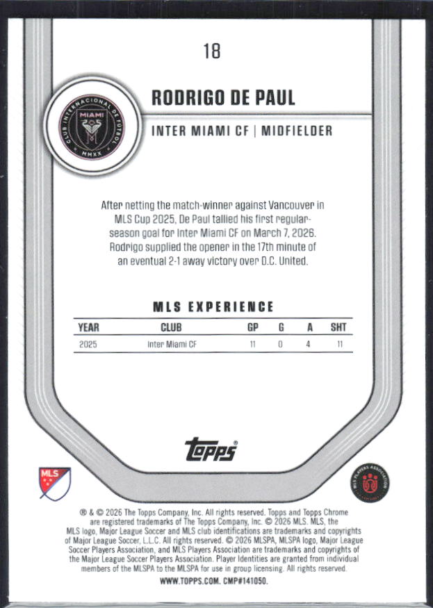 Rodrigo de Paul – 2026 Topps Chrome MLS #18 – baksida