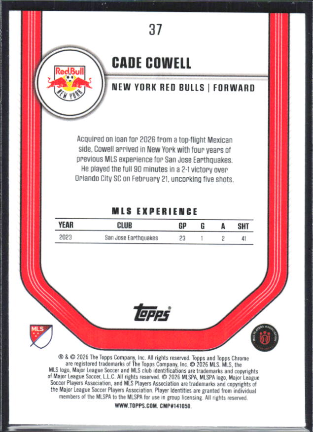 Cade Cowell – 2026 Topps Chrome MLS #37 Purple 30/75 – baksida