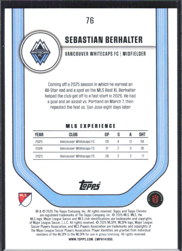 Sebastian Berhalter – 2026 Topps Chrome MLS #76 – baksida