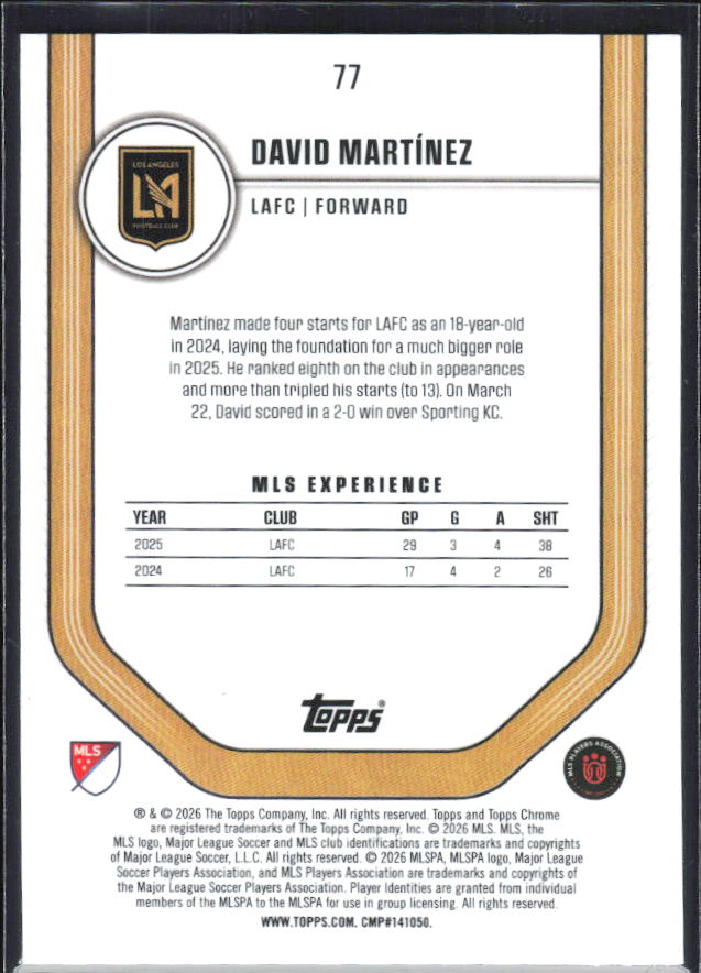 David Martínez – 2026 Topps Chrome MLS #77 Blue 123/150 – baksida