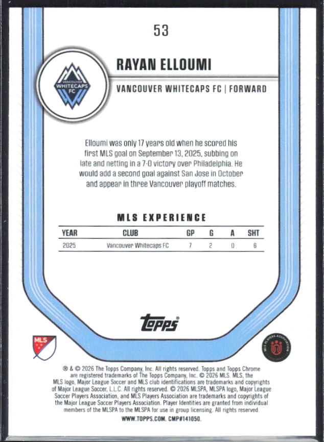 Rayan Elloumi – 2026 Topps Chrome MLS #53 RC – baksida