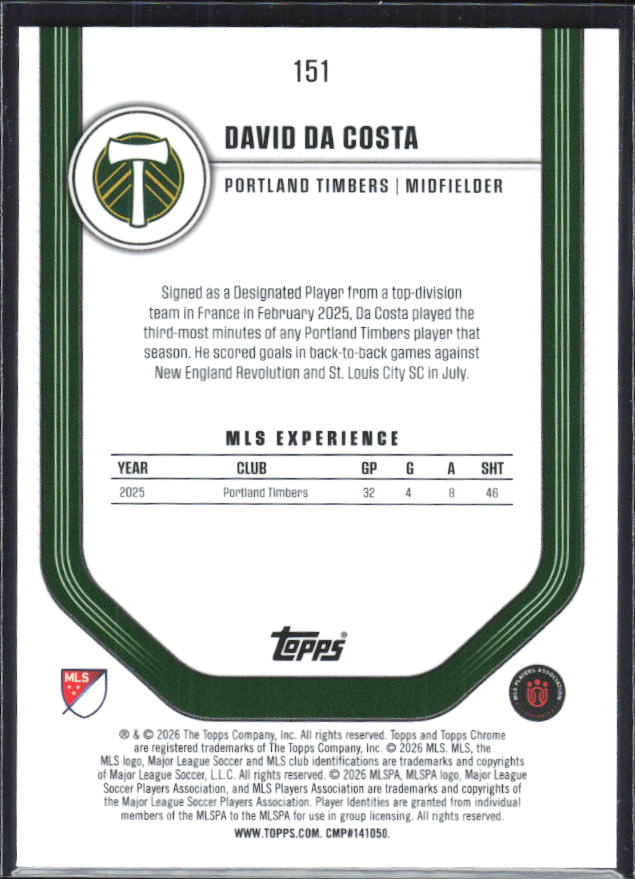 David da Costa – 2026 Topps Chrome MLS #151 – baksida