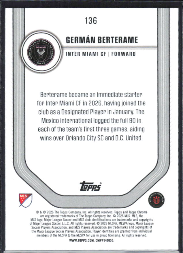 Germán Berterame – 2026 Topps Chrome MLS #136 – baksida
