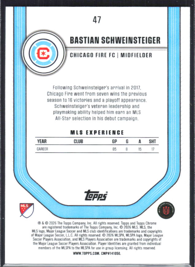 Bastian Schweinsteiger – 2026 Topps Chrome MLS #47 – baksida