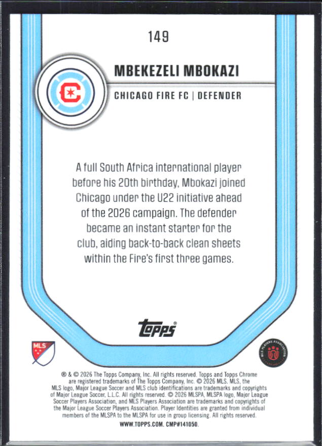 Mbekezeli Mbokazi – 2026 Topps Chrome MLS #149 RC – baksida