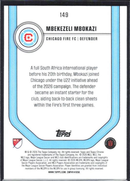 Mbekezeli Mbokazi – 2026 Topps Chrome MLS #149 RC – baksida