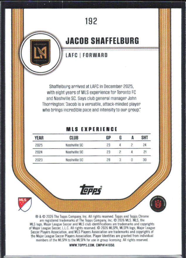 Jacob Shaffelburg – 2026 Topps Chrome MLS #192 Blue Lava Refractor – baksida
