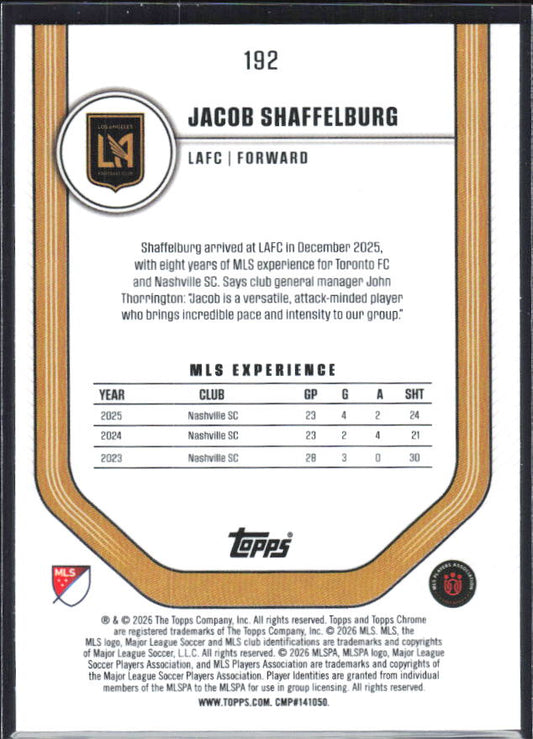 Jacob Shaffelburg – 2026 Topps Chrome MLS #192 Blue Lava Refractor – baksida