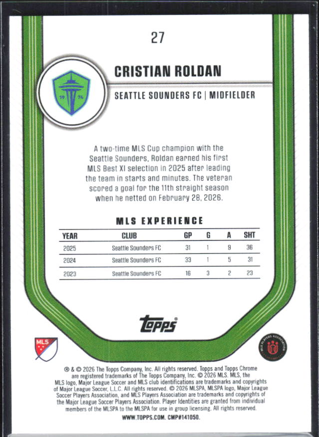 Cristian Roldan – 2026 Topps Chrome MLS #27 – baksida