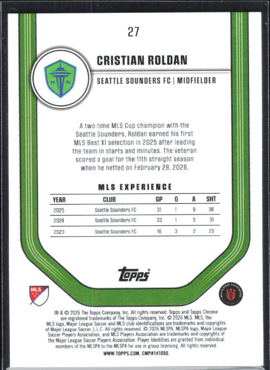 Cristian Roldan – 2026 Topps Chrome MLS #27 – baksida