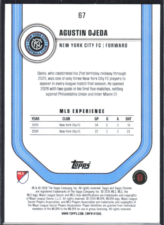 Agustín Ojeda – 2026 Topps Chrome MLS #67 – baksida