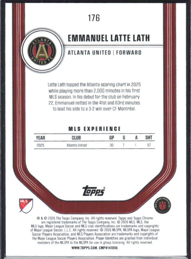 Emmanuel Latte Lath – 2026 Topps Chrome MLS #176 – baksida