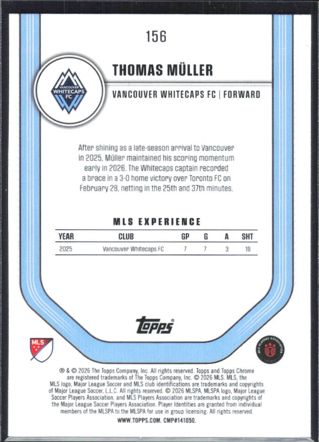 Thomas Müller – 2026 Topps Chrome MLS #156 – baksida