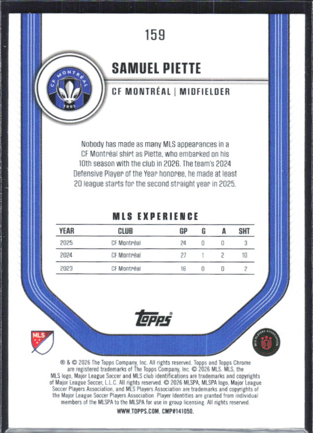 Samuel Piette – 2026 Topps Chrome MLS #159 – baksida