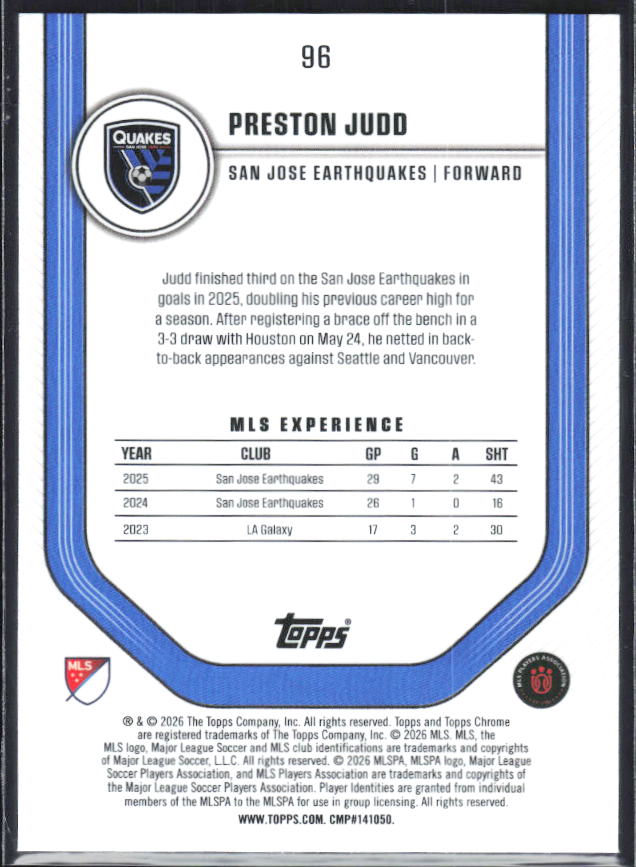 Preston Judd – 2026 Topps Chrome MLS #96 – baksida