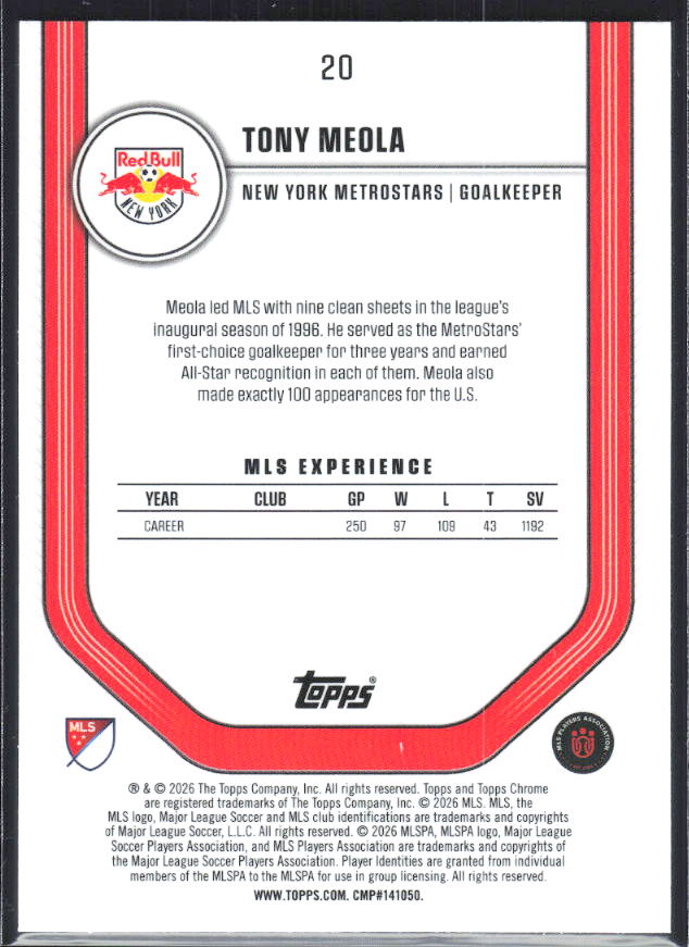Tony Meola – 2026 Topps Chrome MLS #20 – baksida