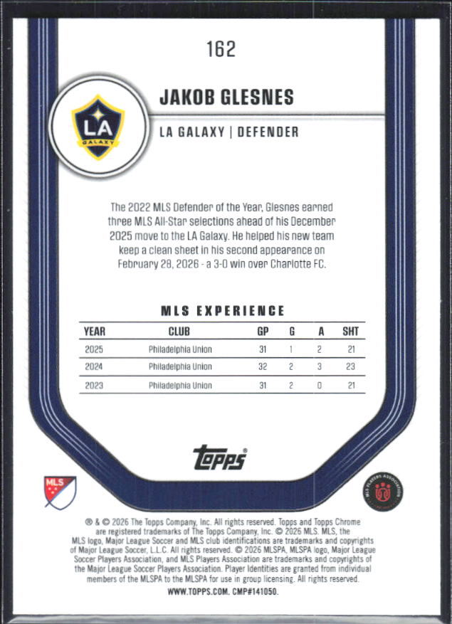 Jakob Glesnes – 2026 Topps Chrome MLS #162 – baksida