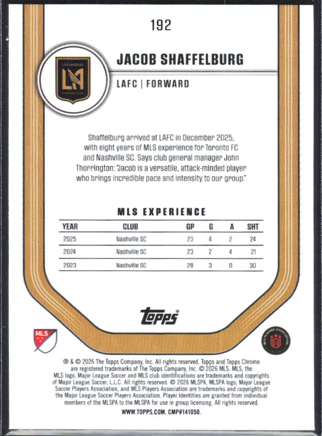 Jacob Shaffelburg – 2026 Topps Chrome MLS #192 Aqua Refractor /199 – baksida