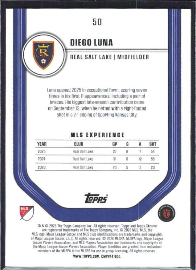 Diego Luna – 2026 Topps Chrome MLS #50 – baksida