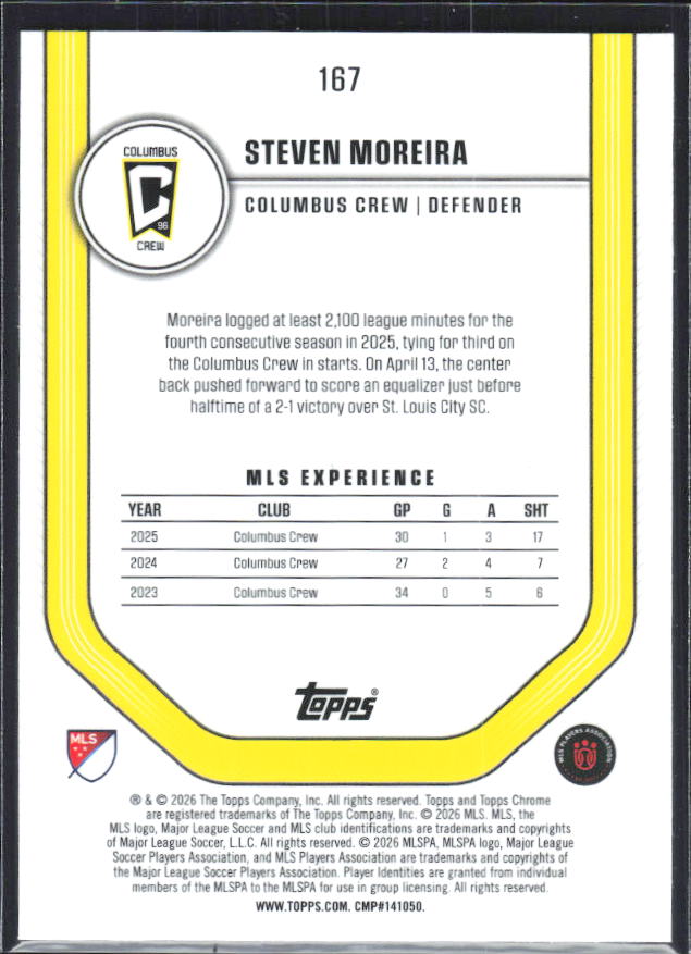 Steven Moreira – 2026 Topps Chrome MLS #167 – baksida