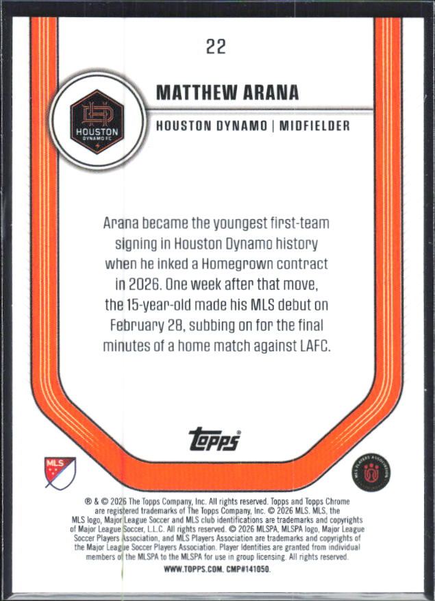 Matthew Arana – 2026 Topps Chrome MLS #22 RC – baksida