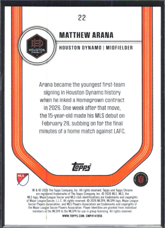 Matthew Arana – 2026 Topps Chrome MLS #22 RC – baksida