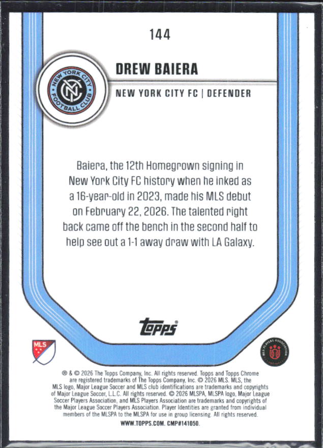 Drew Baiera – 2026 Topps Chrome MLS #144 RC – baksida