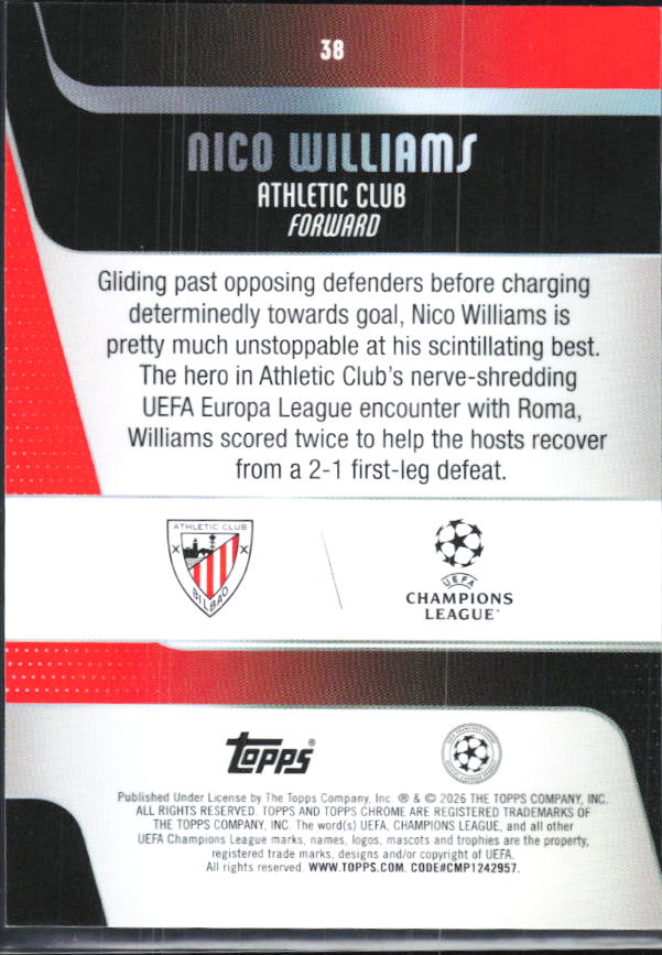 Nico Williams – 2025-26 Topps Chrome UEFA Club Competitions #38 Green Geometric Refractor 60/99 – baksida