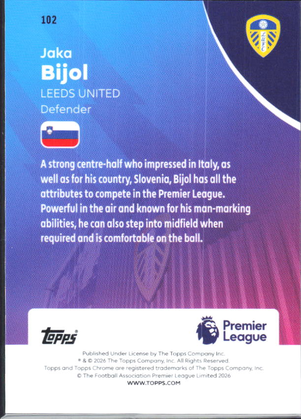 Jaka Bijol – 2025-26 Topps Chrome Premier League #102 Orange Geometric Refractor 08/25 – baksida
