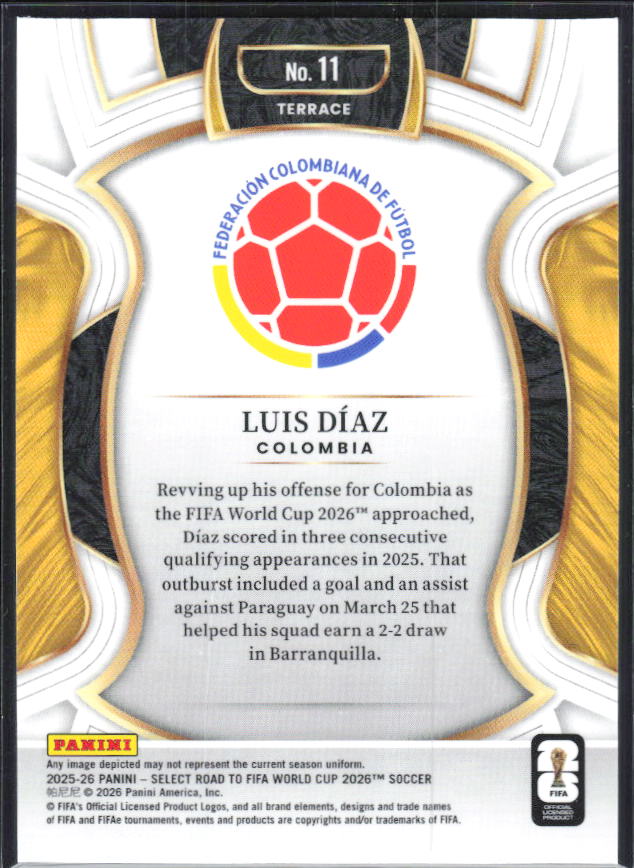 Luis Díaz – 2025-26 Panini Select Road to FIFA World Cup #11 Terrace – baksida