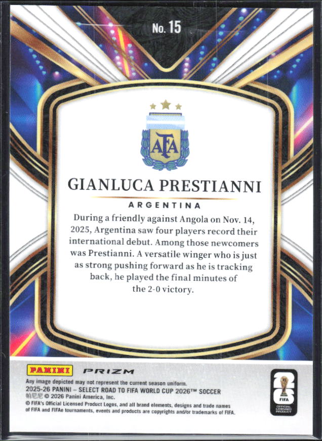 Gianluca Prestianni – 2025-26 Panini Select Road to FIFA World Cup #15 Select Future RC – baksida