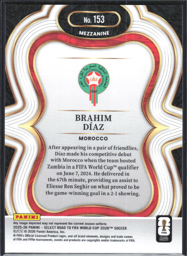 Brahim Díaz – 2025-26 Panini Select Road to FIFA World Cup #153 Mezzanine – baksida