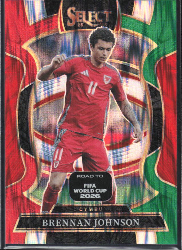 Brennan Johnson – 2025-26 Panini Select Road to FIFA World Cup #8 Terrace Red and Green Flash Prizm – framsida