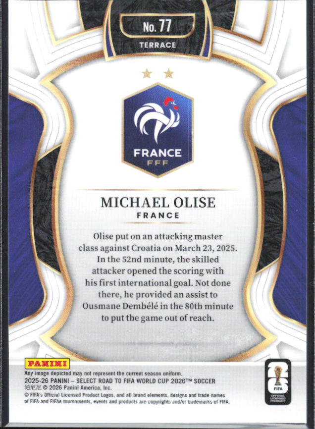 Michael Olise – 2025-26 Panini Select Road to FIFA World Cup #77 Terrace – baksida