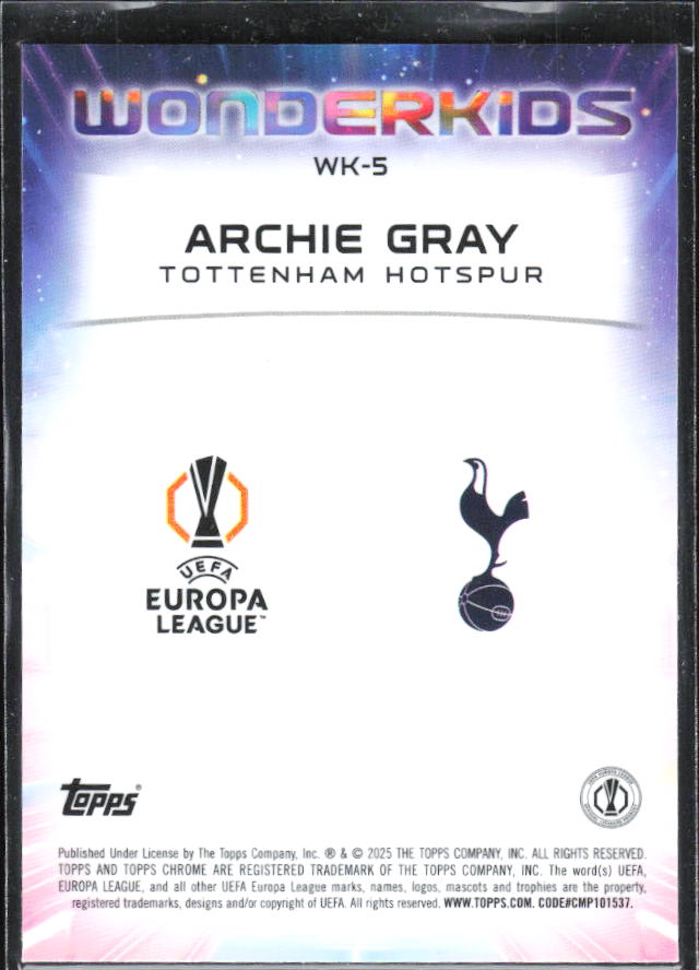 Archie Gray – 2024-25 Topps Chrome UEFA Club Competitions #WK-5 Wonderkids RC – baksida
