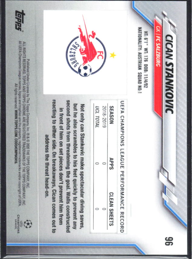 Cican Stanković – 2019-20 Topps Chrome UEFA Champions League Sapphire #96 RC – baksida
