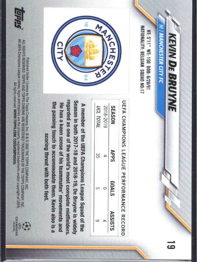 Kevin De Bruyne – 2019-20 Topps Chrome UEFA Champions League Sapphire #19 – baksida