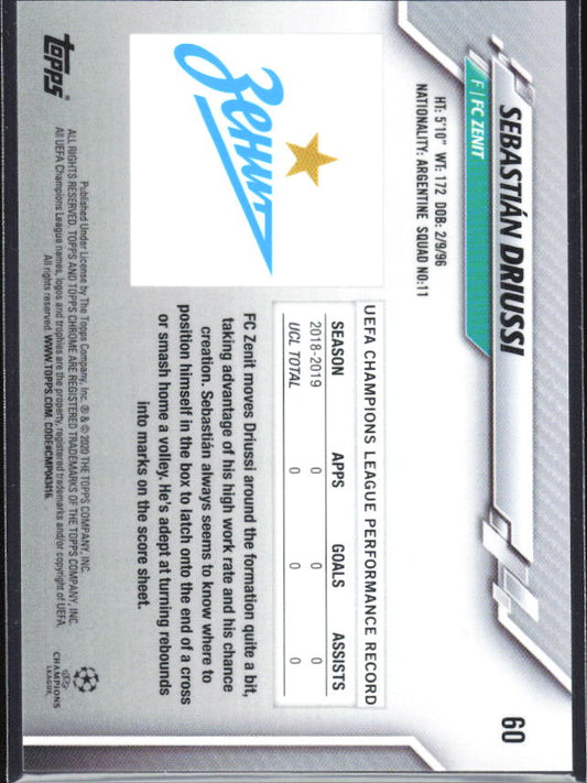 Sebastián Driussi – 2019-20 Topps Chrome UEFA Champions League Sapphire #60 RC – baksida