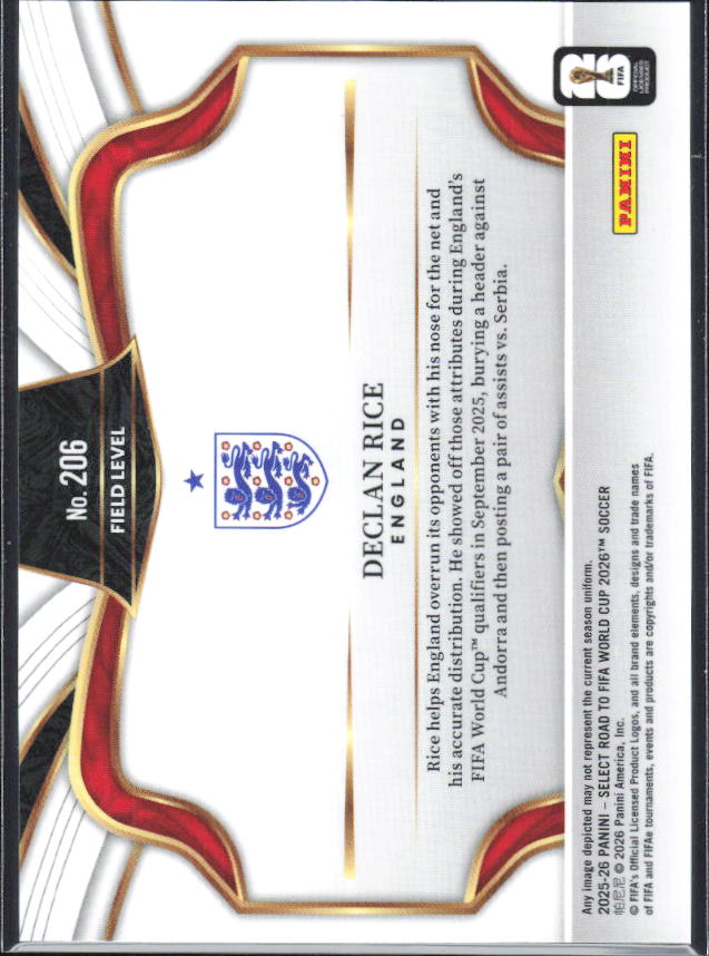 Declan Rice – 2025-26 Panini Select Road to FIFA World Cup #206 Field Level – baksida