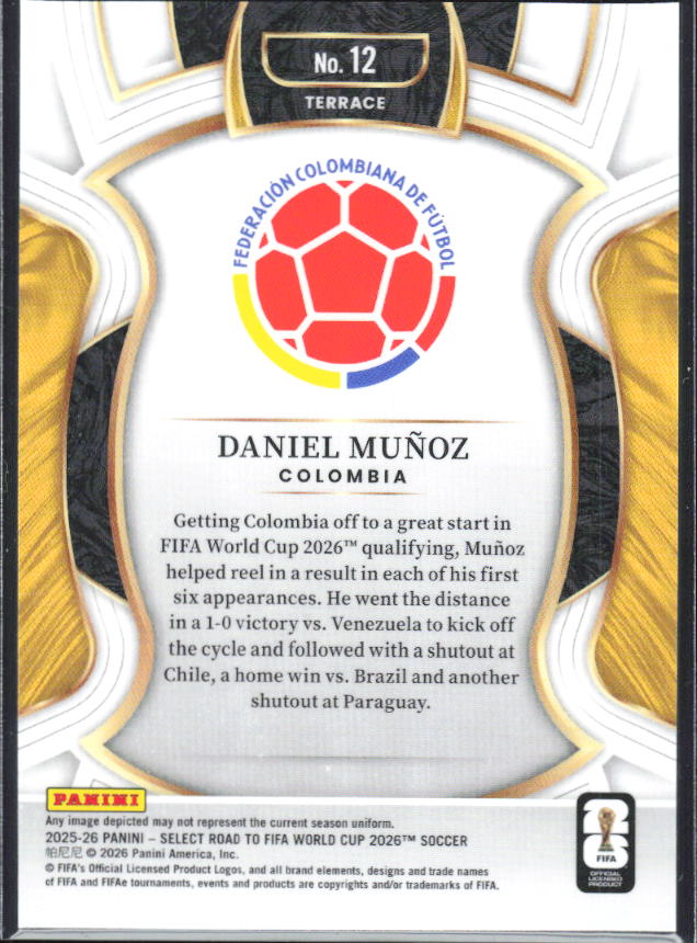 Daniel Muñoz – 2025-26 Panini Select Road to FIFA World Cup #12 Terrace – baksida