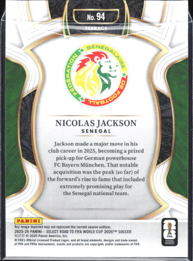 Nicolas Jackson – 2025-26 Panini Select Road to FIFA World Cup #94 Terrace – baksida