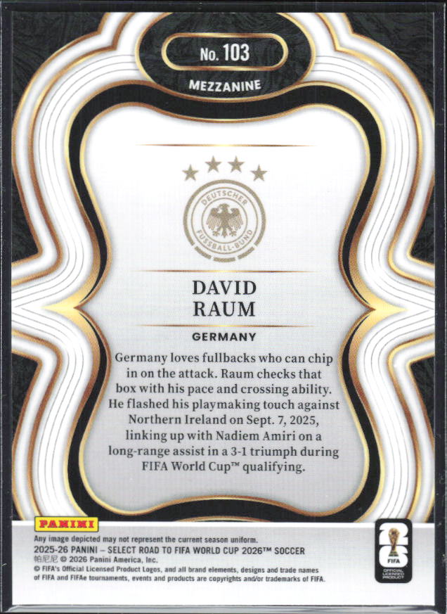 David Raum – 2025-26 Panini Select Road to FIFA World Cup #103 Mezzanine – baksida