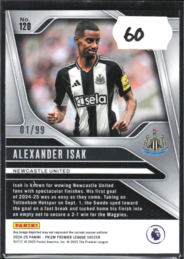 Alexander Isak – 2024-25 Panini Prizm Premier League #120 Blue Disco 01/99 – baksida