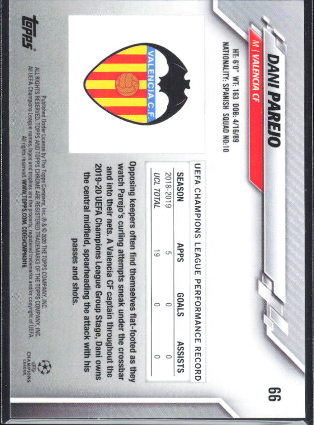 Dani Parejo – 2019-20 Topps Chrome UEFA Champions League Sapphire #66 – baksida