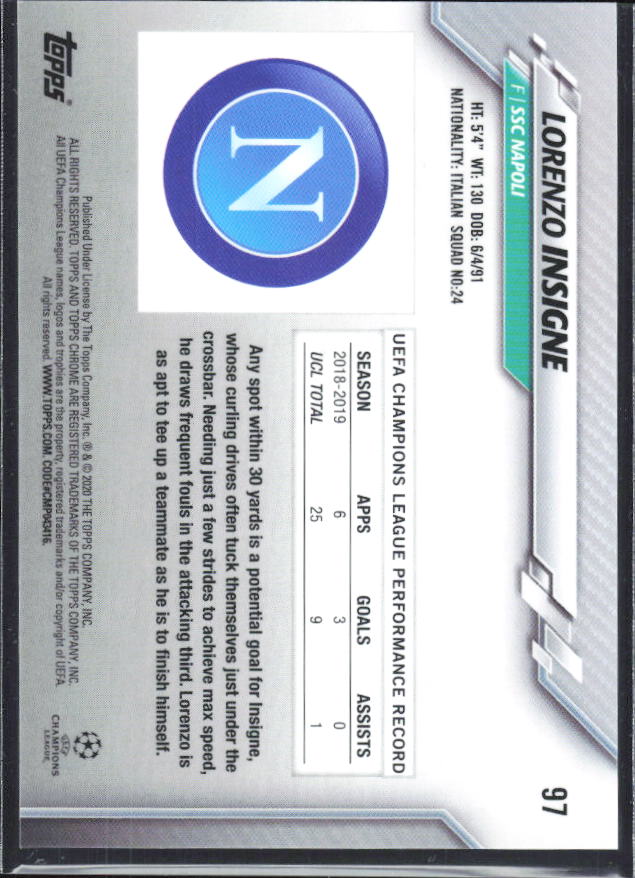 Lorenzo Insigne – 2019-20 Topps Chrome UEFA Champions League Sapphire #97 – baksida