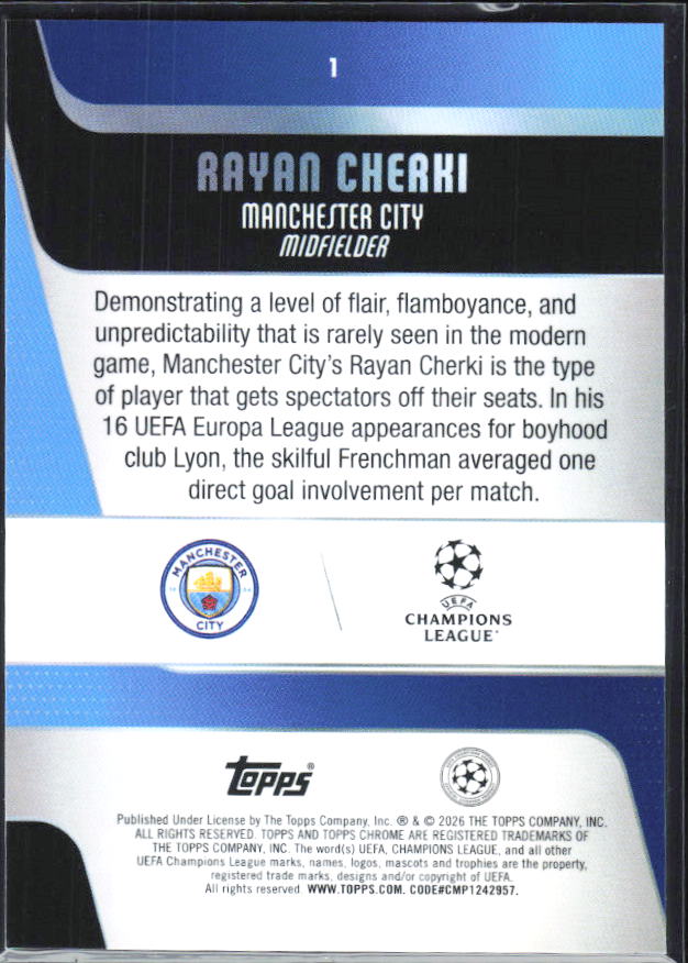 Rayan Cherki – 2025-26 Topps Chrome UEFA Club Competitions #1 – baksida
